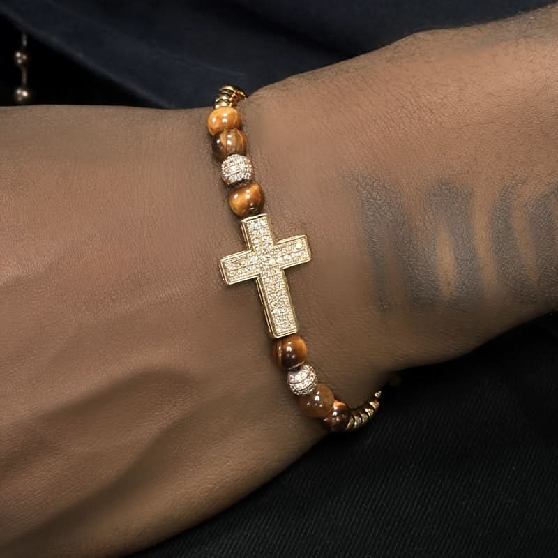 Men's 18K Gold Cross Stone Bracelet Set
