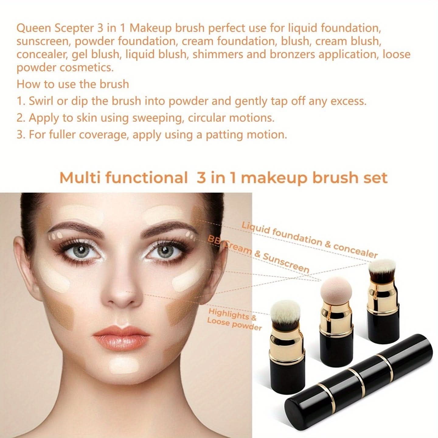 3-in-1 Professional Makeup Brush Set- Oil-Free Nylon Bristles