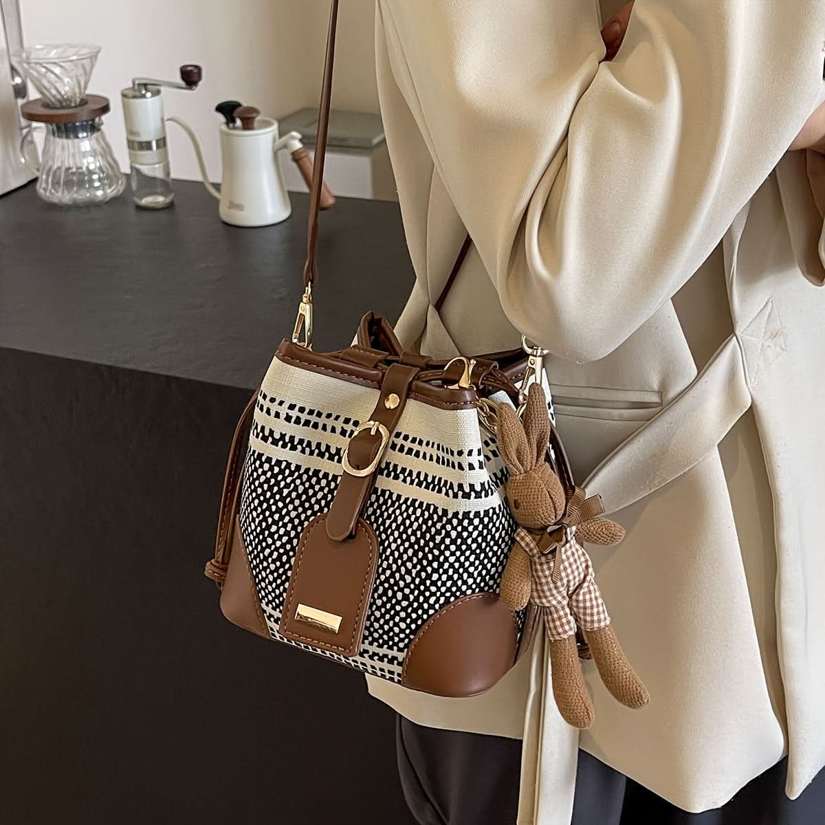 Women's Mini Contrast Color Canvas Shoulder Bag with Bunny Pendant