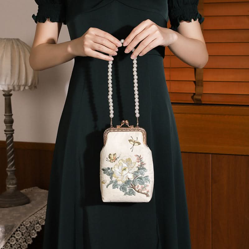 Vintage Floral Embroidered Clutch, Faux Pearl Chain