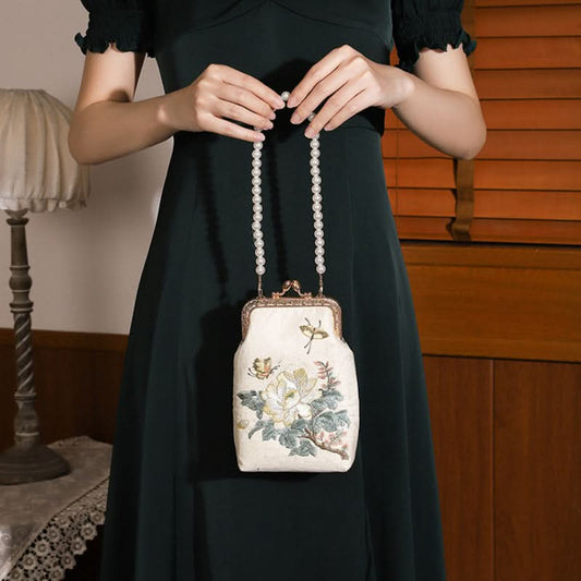 Vintage Floral Embroidered Clutch, Faux Pearl Chain