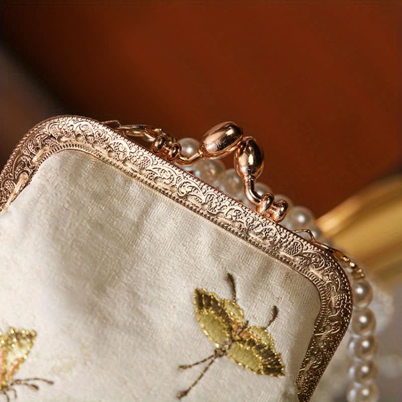 Vintage Floral Embroidered Clutch, Faux Pearl Chain