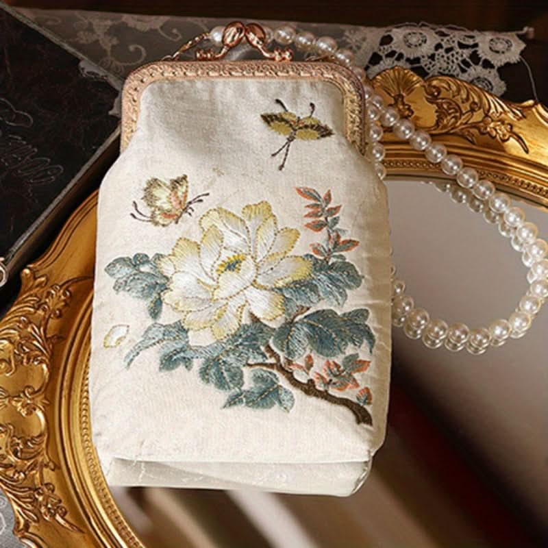 Vintage Floral Embroidered Clutch, Faux Pearl Chain