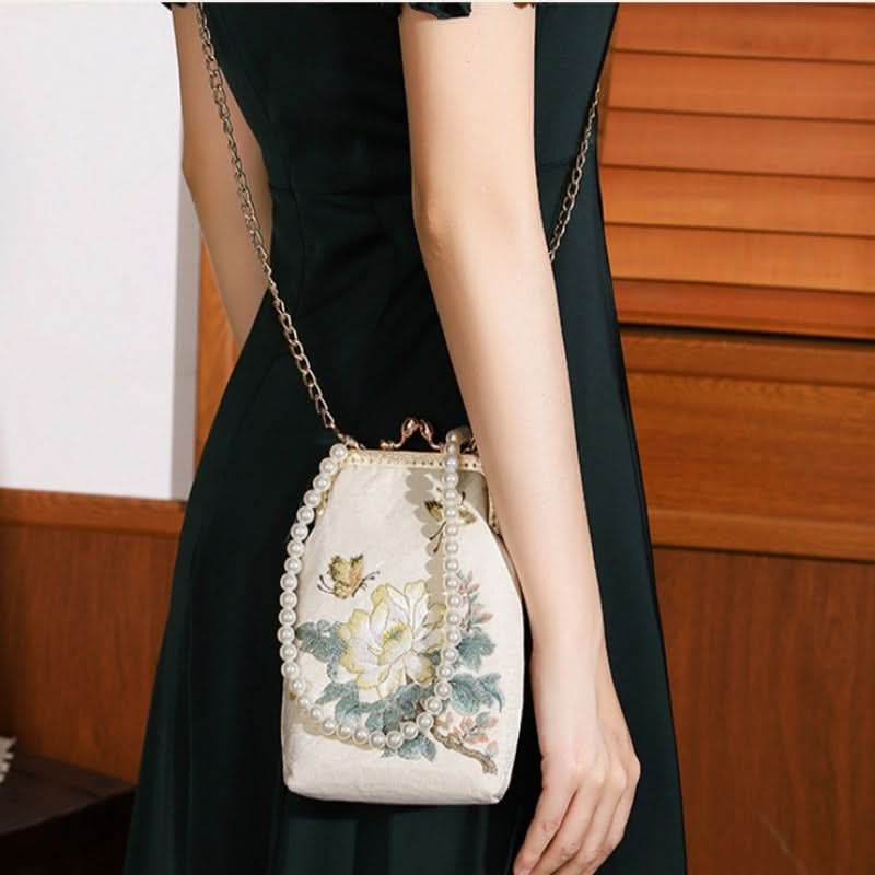 Vintage Floral Embroidered Clutch, Faux Pearl Chain