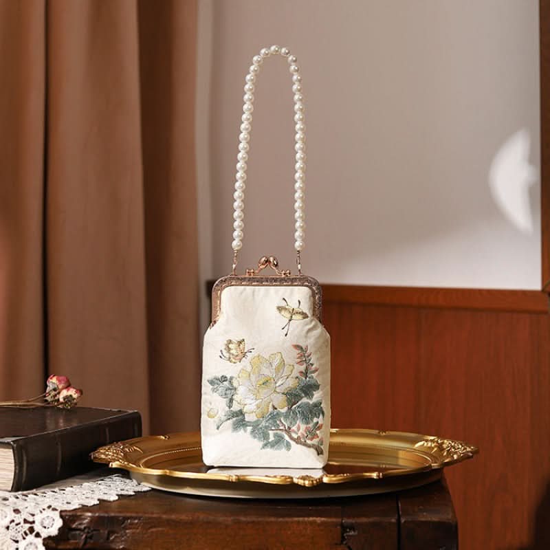 Vintage Floral Embroidered Clutch, Faux Pearl Chain