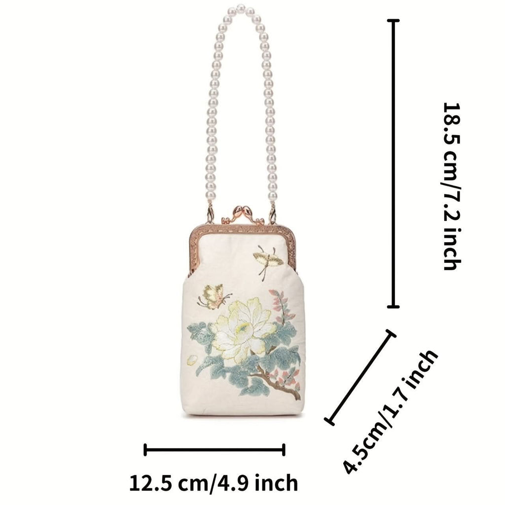 Vintage Floral Embroidered Clutch, Faux Pearl Chain