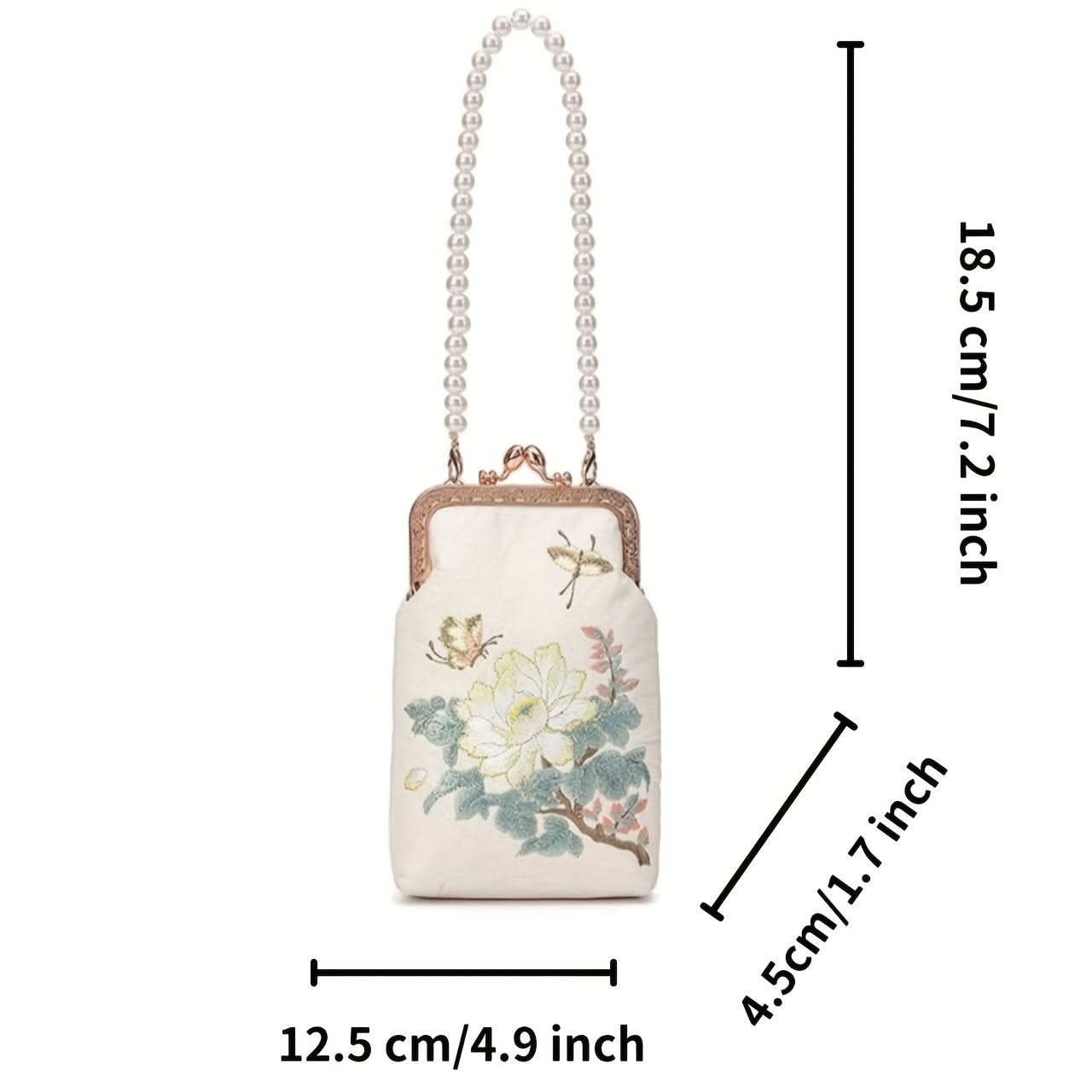 Vintage Floral Embroidered Clutch, Faux Pearl Chain