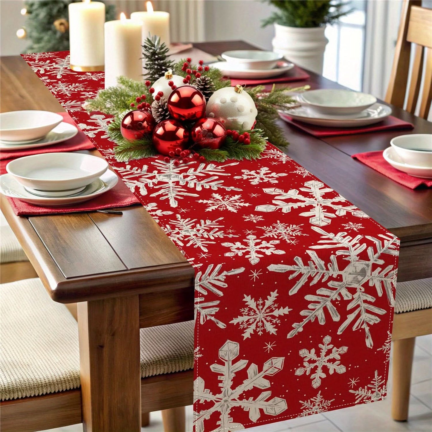 Christmas Table Runner - Red Snowflake Decor
