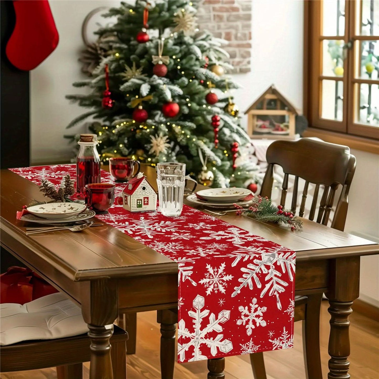 Christmas Table Runner - Red Snowflake Decor