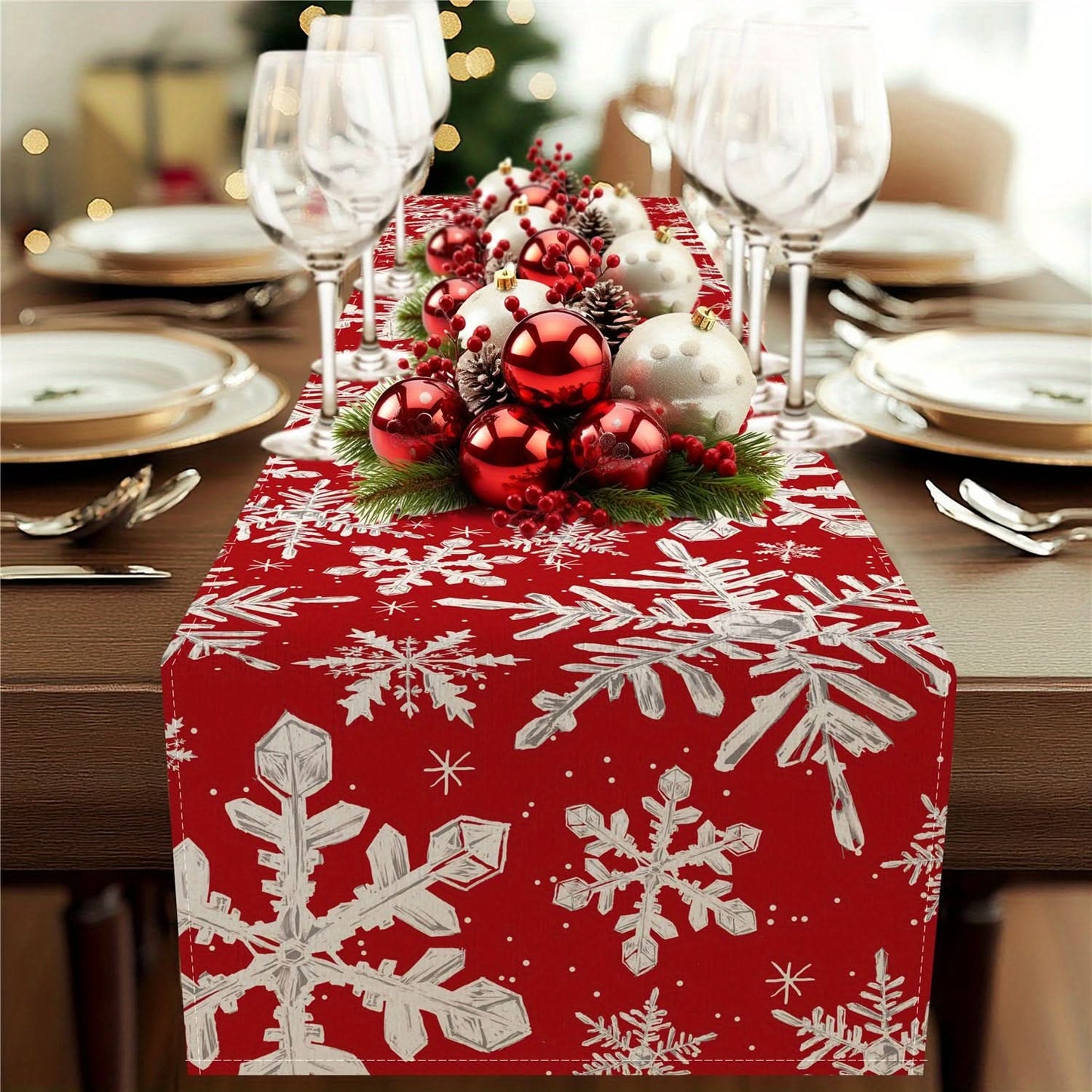 Christmas Table Runner - Red Snowflake Decor