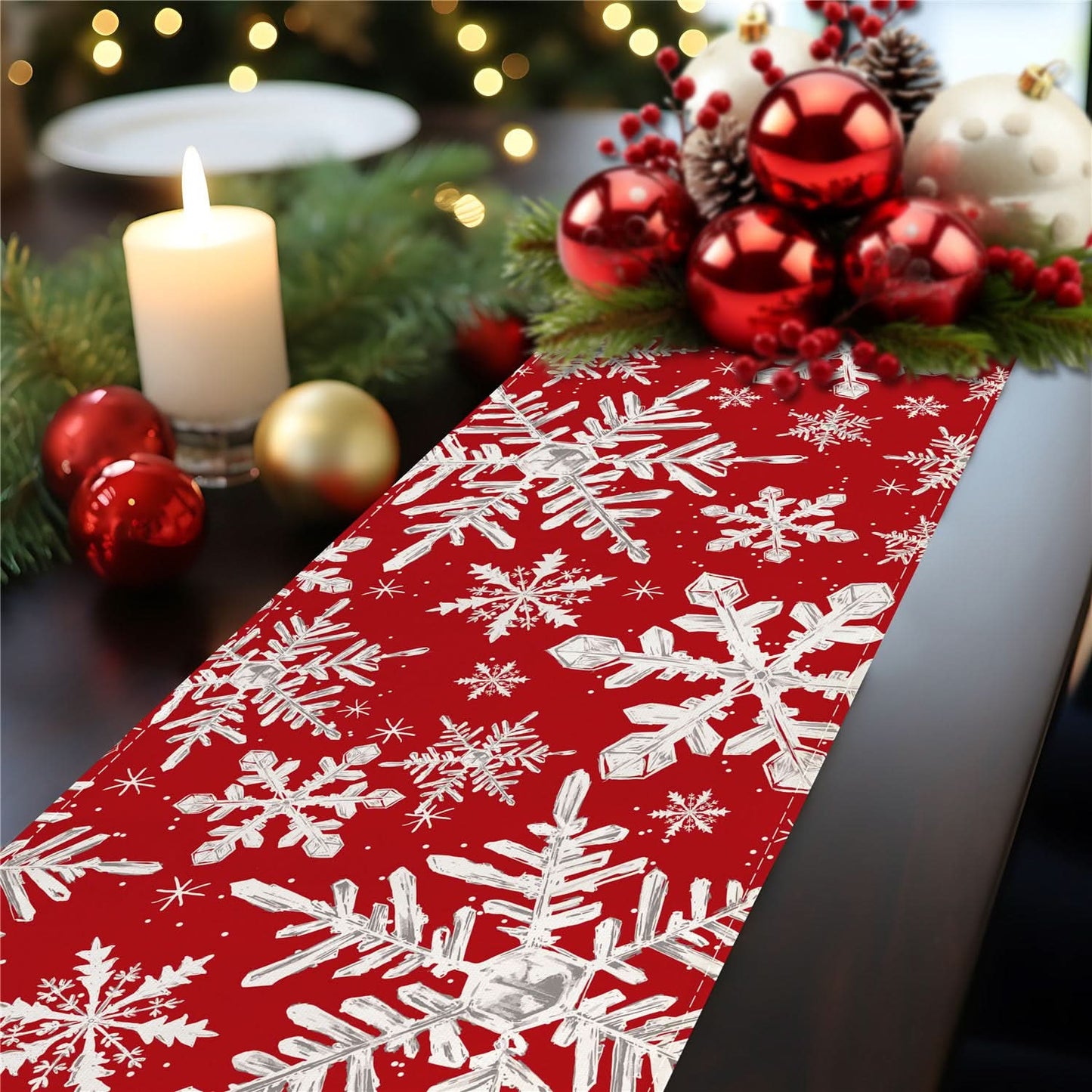 Christmas Table Runner - Red Snowflake Decor