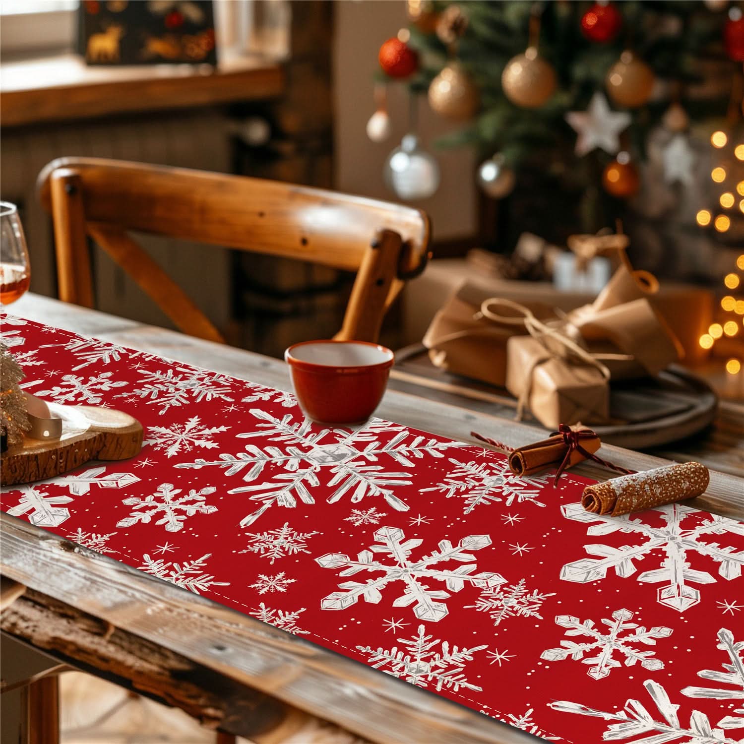 Christmas Table Runner - Red Snowflake Decor