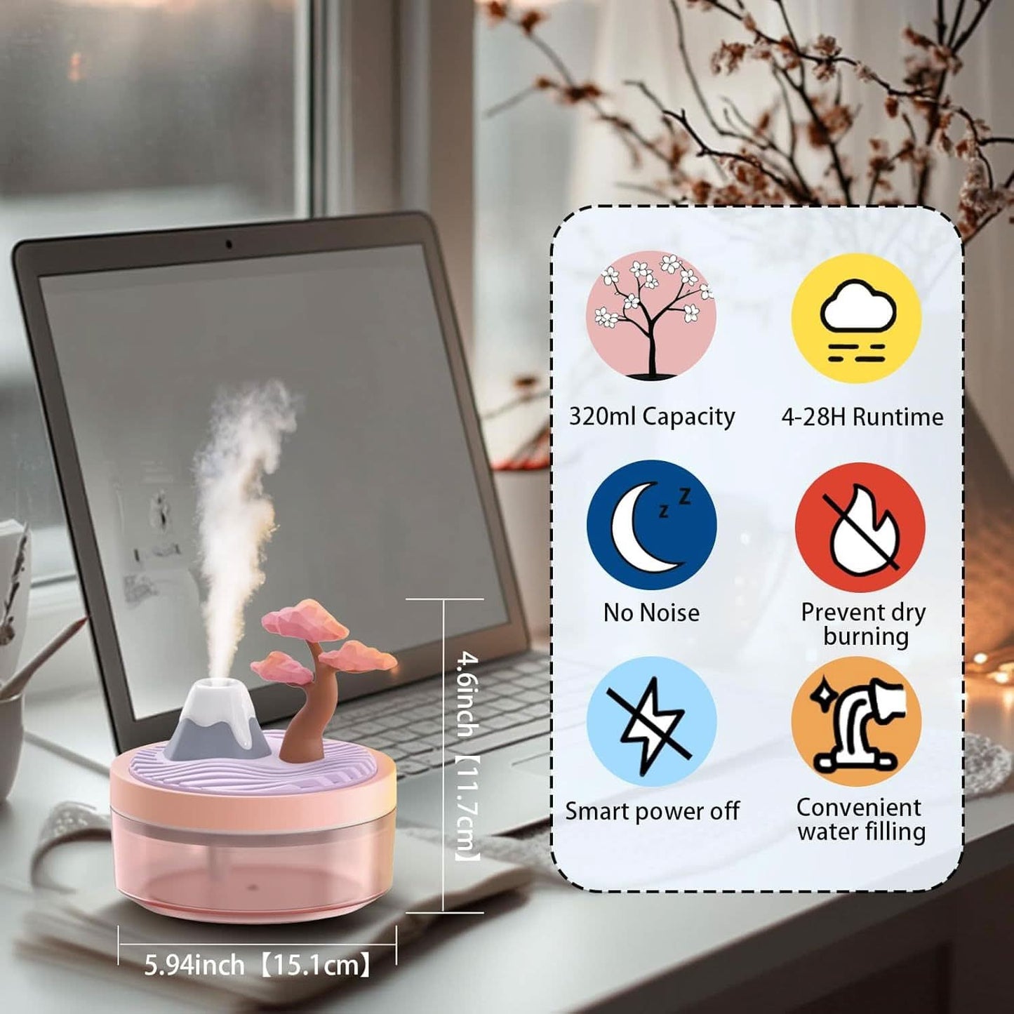 Cherry Blossom USB Humidifier & Aroma Diffuser – Portable Cool Mist for Home