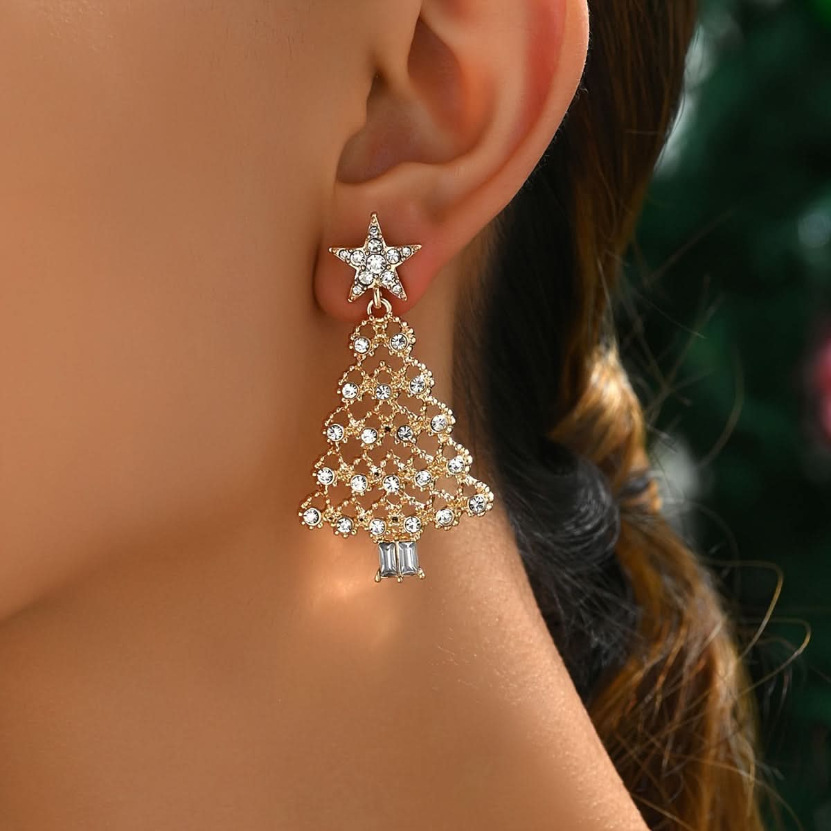Rhinestone Christmas Tree Dangle Earrings for Women