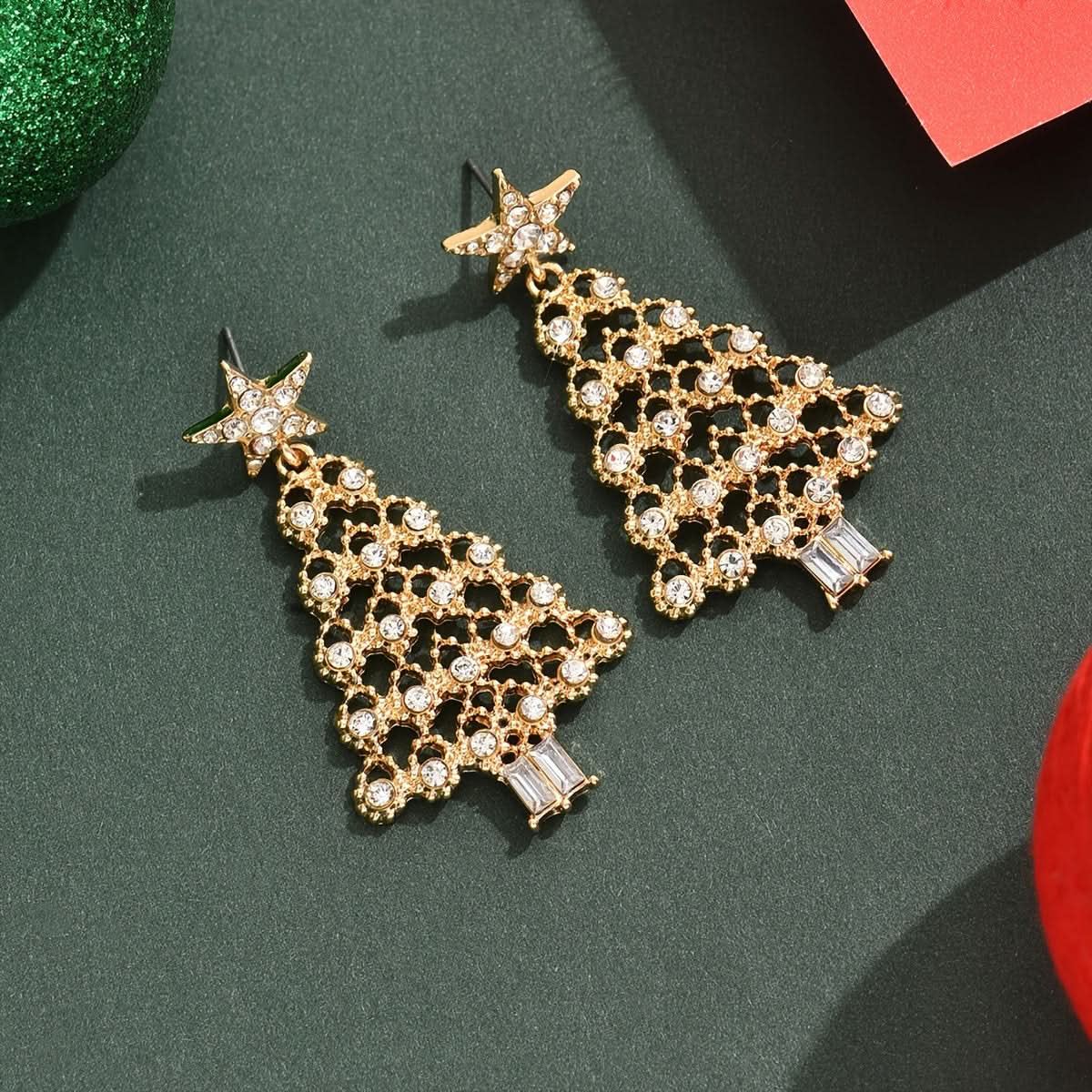 Rhinestone Christmas Tree Dangle Earrings for Women