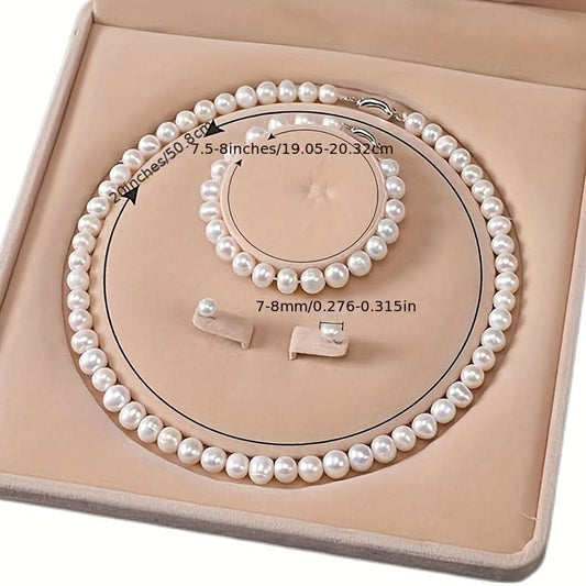 Elegant Freshwater Pearl Necklace Set with Bracelet & Earrings