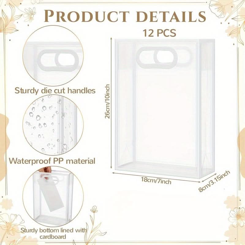12pcs Reusable Transparent Gift Bags – Sturdy PP Material, Molded Handles