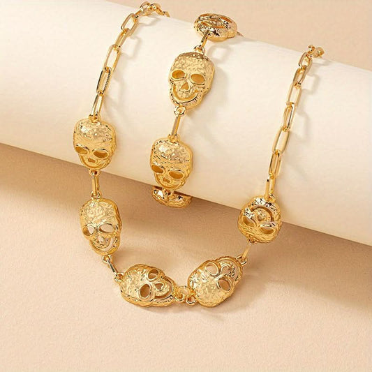 Gold-Plated Skull Necklace & Bracelet Set