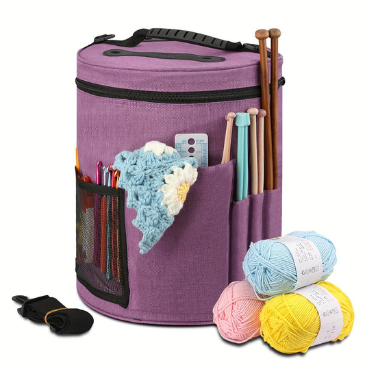 Large Crochet Tote Bag for Yarn Storage – Knitting Organizer with Front Pocket, Cylindrical