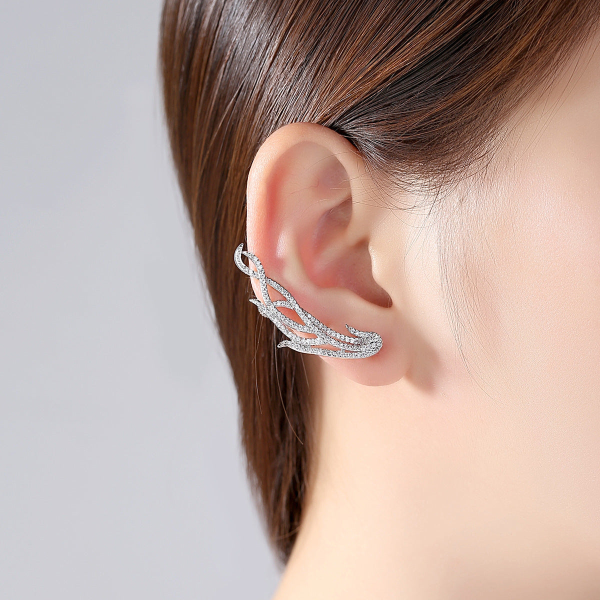 Silver Leaf Zircon Earrings – Elegant Copper Ear Clips for Women’s Fashion Jewelry