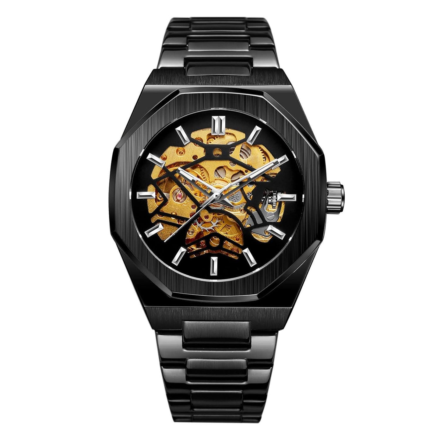 Men's Skeleton Mechanical Watch – Alloy Strap, Transparent Back