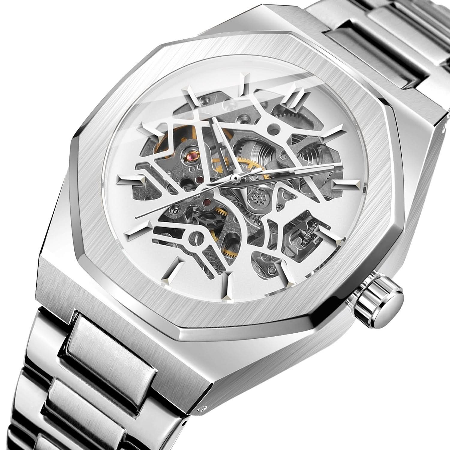Men's Skeleton Mechanical Watch – Alloy Strap, Transparent Back