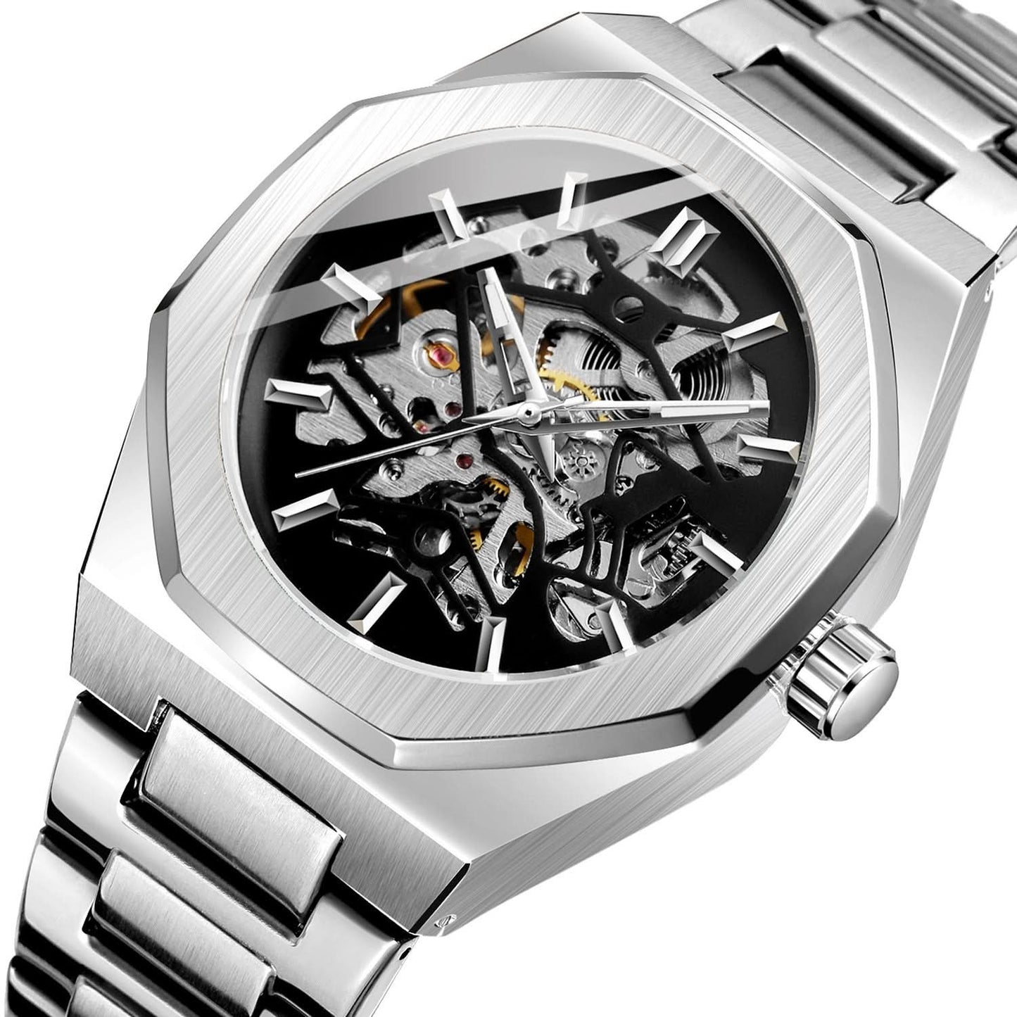 Men's Skeleton Mechanical Watch – Alloy Strap, Transparent Back