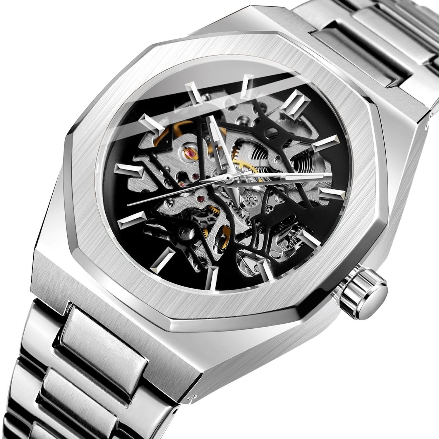 Men's Skeleton Mechanical Watch – Alloy Strap, Transparent Back