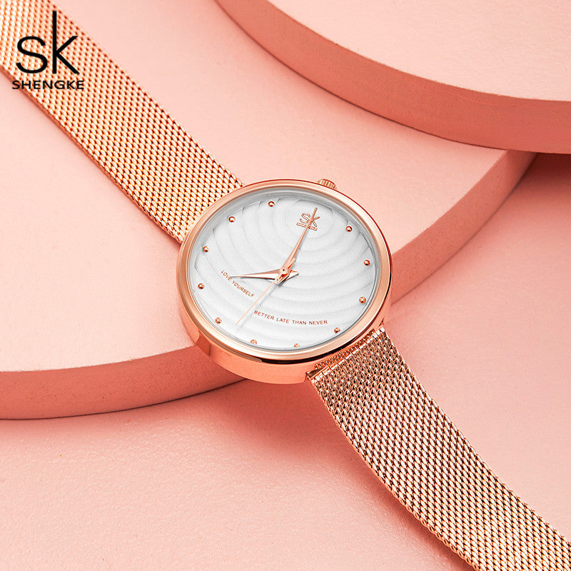 SK Women’s Quartz Watch – Milanese Mesh Strap, Wave Pattern Dial, 30M Waterproof