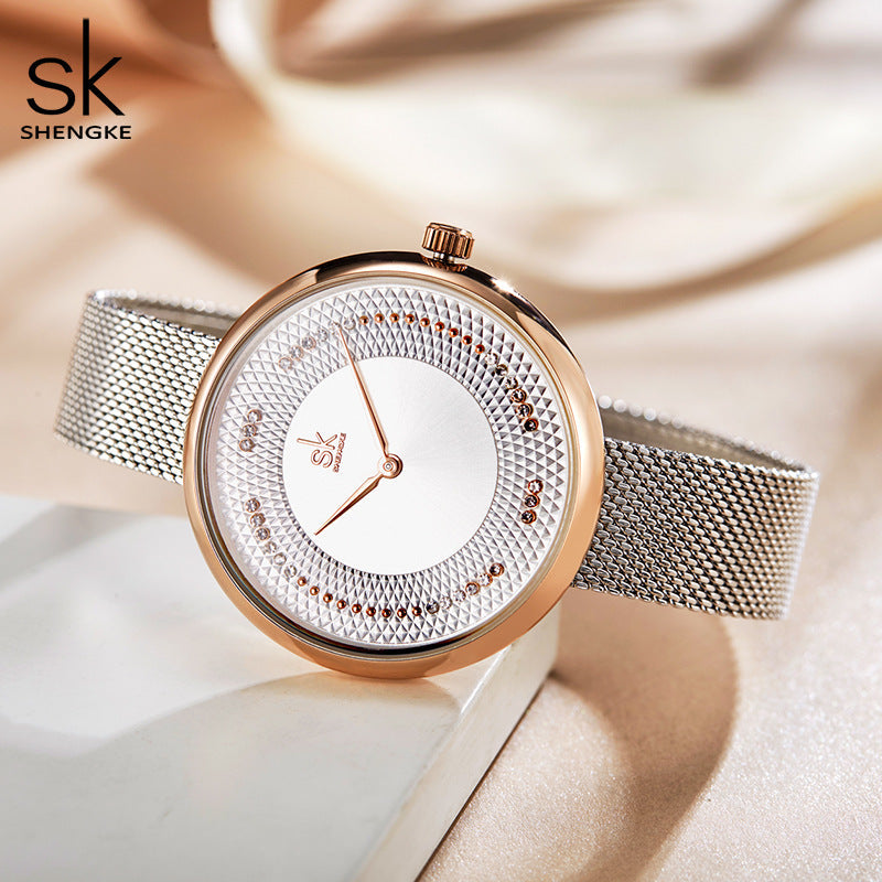 SK Women’s Quartz Watch – Milan Mesh Strap, Diamond Dial, 30M Waterproof