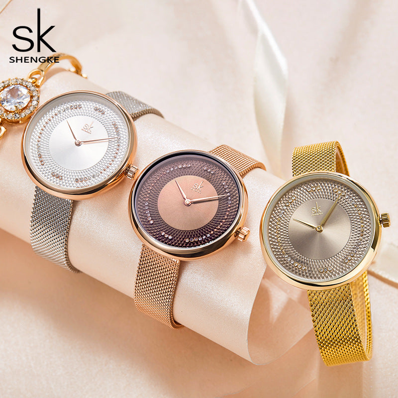 SK Women’s Quartz Watch – Milan Mesh Strap, Diamond Dial, 30M Waterproof