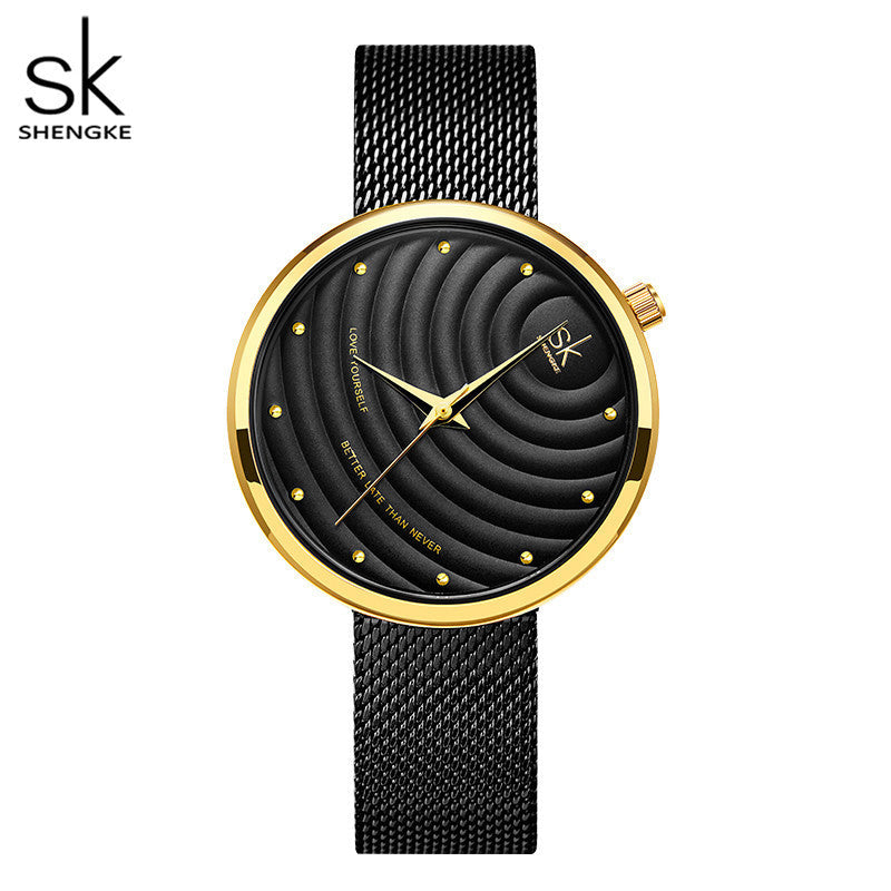 SK Women’s Quartz Watch – Milanese Mesh Strap, Wave Pattern Dial, 30M Waterproof