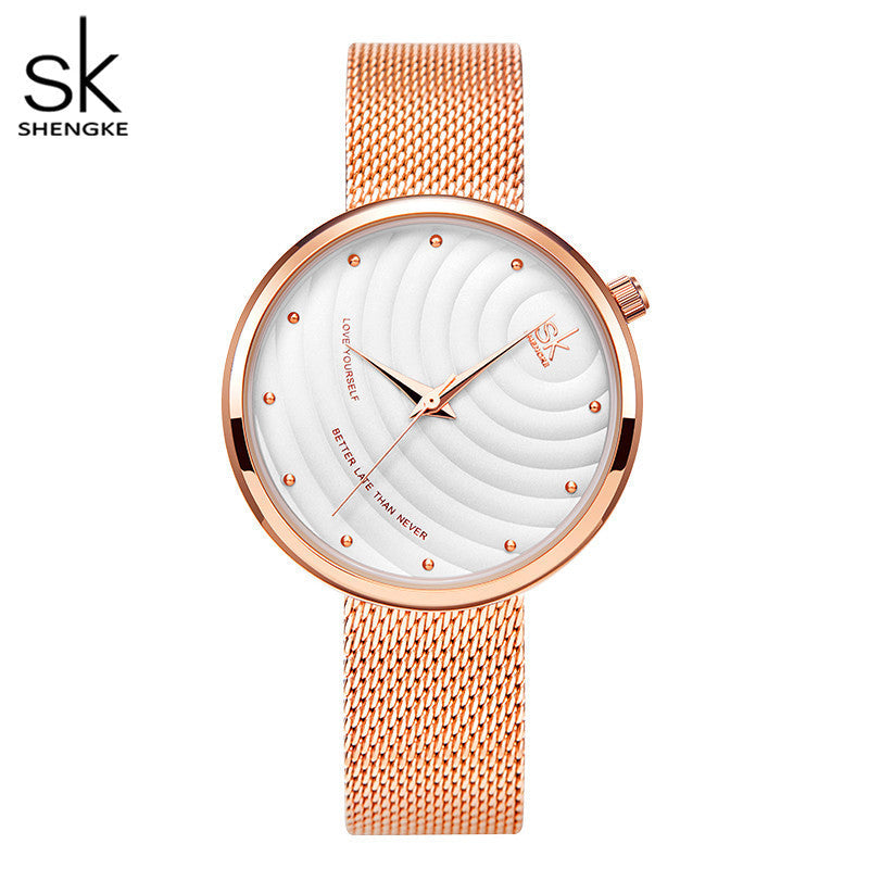 SK Women’s Quartz Watch – Milanese Mesh Strap, Wave Pattern Dial, 30M Waterproof