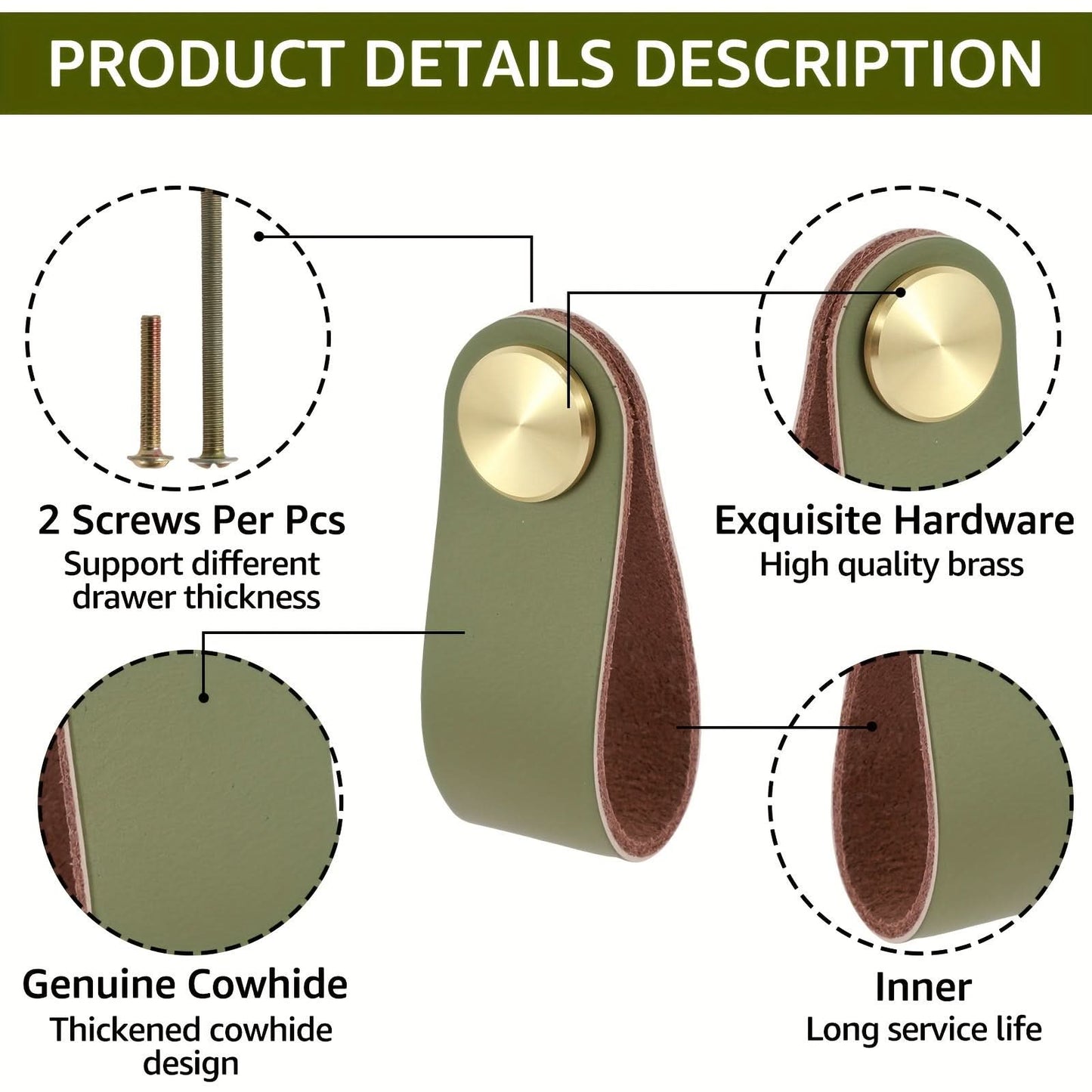 6-Pack Leather Drawer Pulls – Thickened Cabinet Handles with Brass Accents
