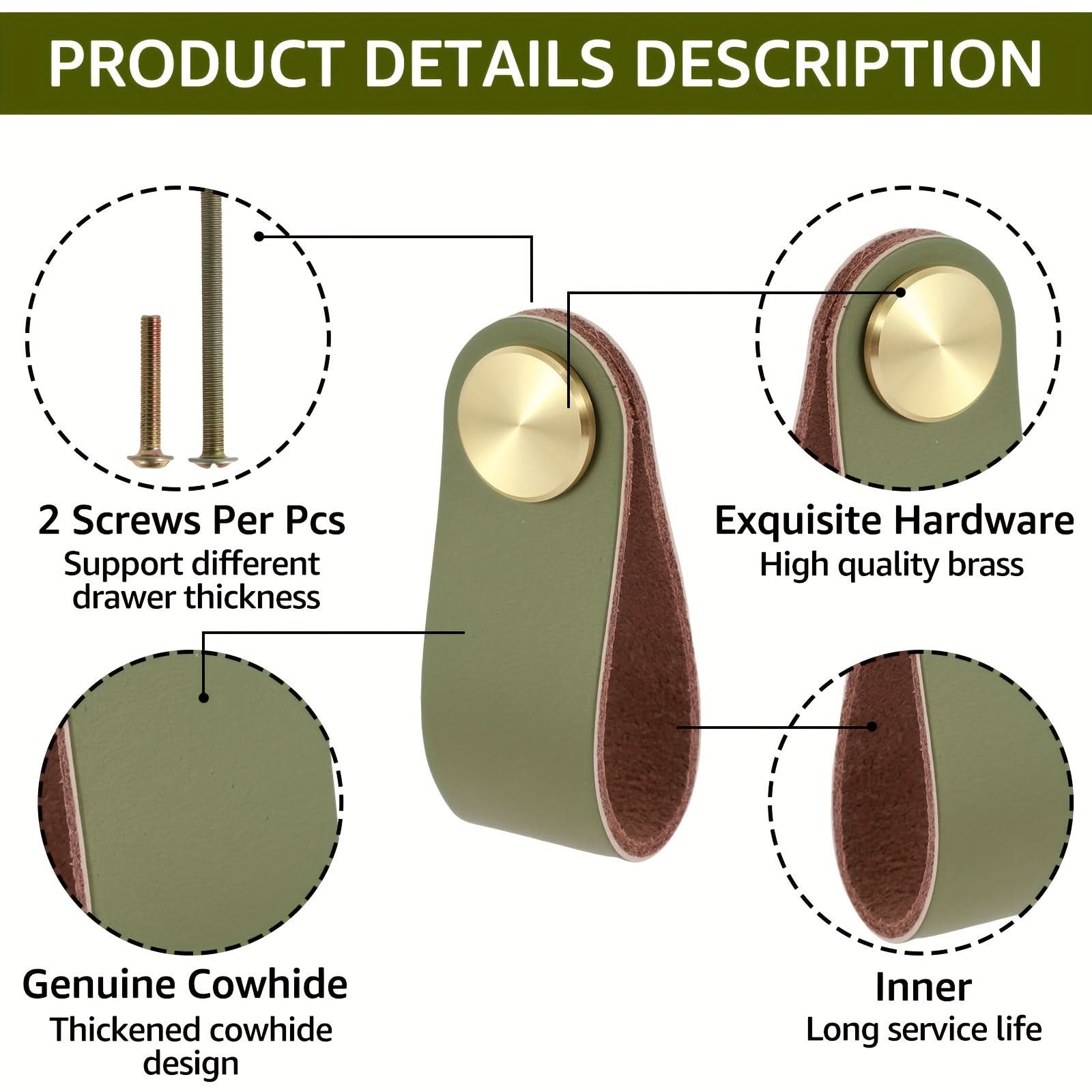 6-Pack Leather Drawer Pulls – Thickened Cabinet Handles with Brass Accents