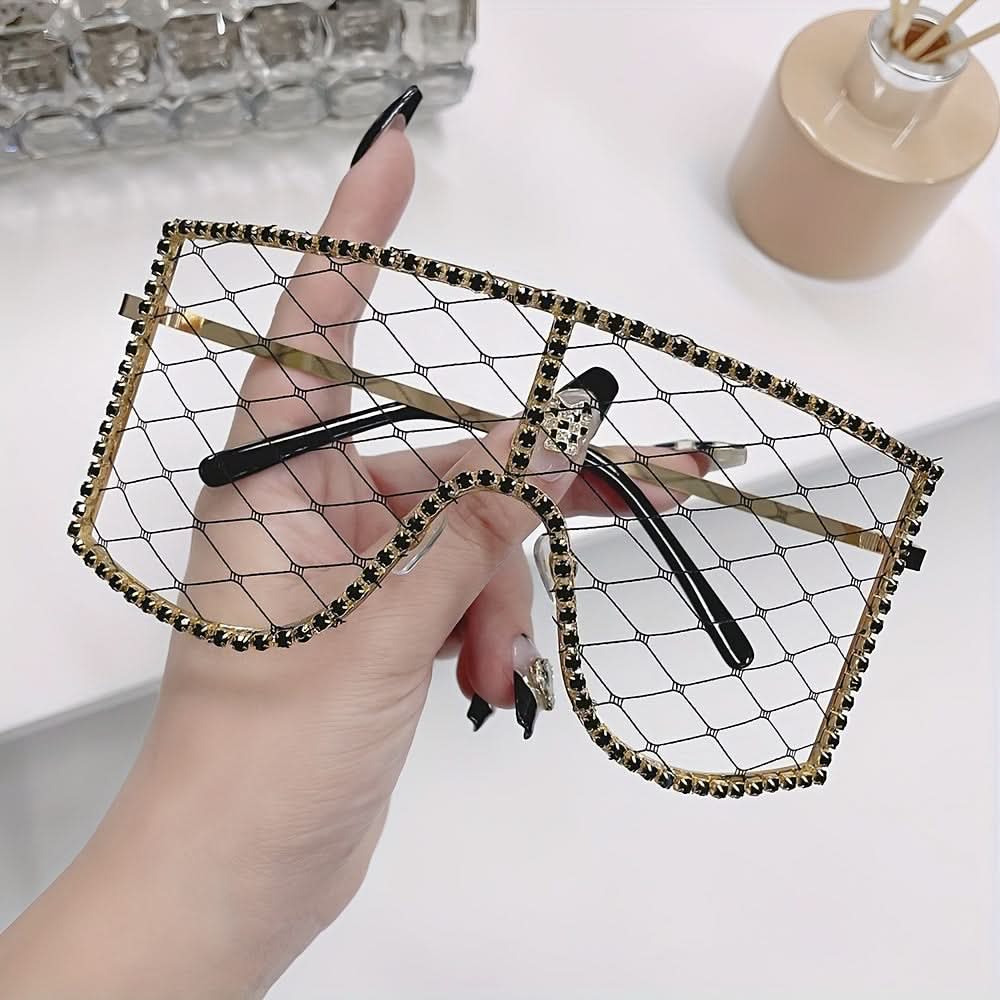 Luxury Rhinestone Mesh Shield Glasses for Women - Sparkling Square Eyewear, Protective Lens