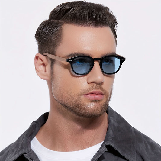 Retro Classic Round Polarized Sunglasses with Wooden Temples -UV Protection Eyewear