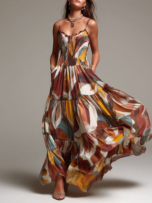 Boho Abstract Multicolor Smocked Bodice Maxi Dress