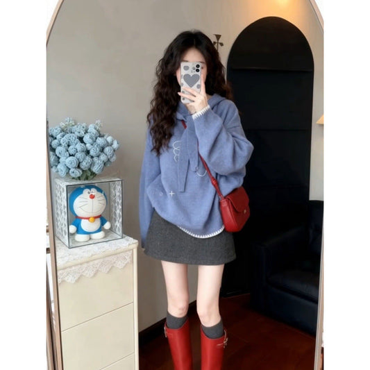 Women's Thick Hooded Sweater – Loose Fit Bird Design Knit Pullover for Autumn & Winter
