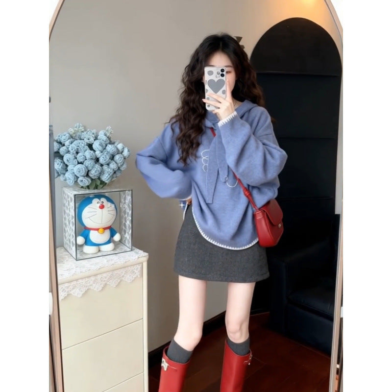 Women's Thick Hooded Sweater – Loose Fit Bird Design Knit Pullover for Autumn & Winter