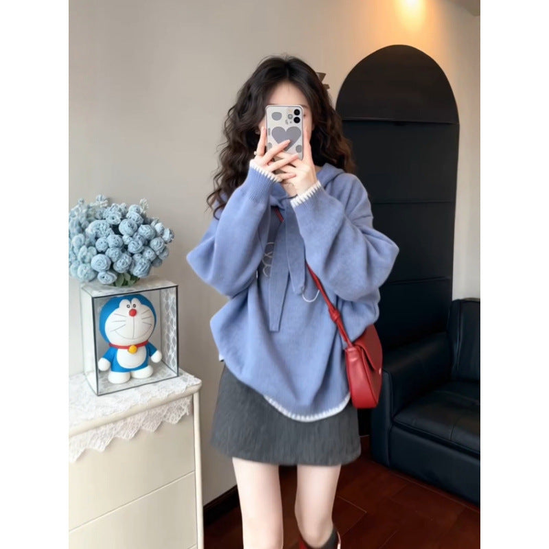 Women's Thick Hooded Sweater – Loose Fit Bird Design Knit Pullover for Autumn & Winter