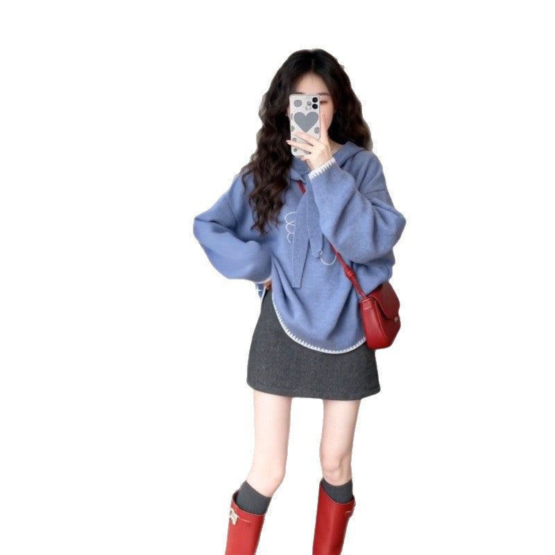 Women's Thick Hooded Sweater – Loose Fit Bird Design Knit Pullover for Autumn & Winter