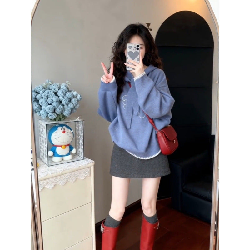 Women's Thick Hooded Sweater – Loose Fit Bird Design Knit Pullover for Autumn & Winter