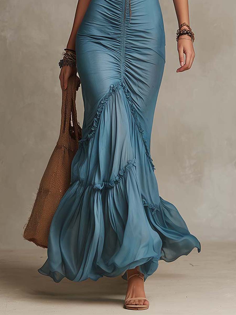 Bohemian Chiffon Spaghetti Strap Ruched Mermaid Maxi Dress