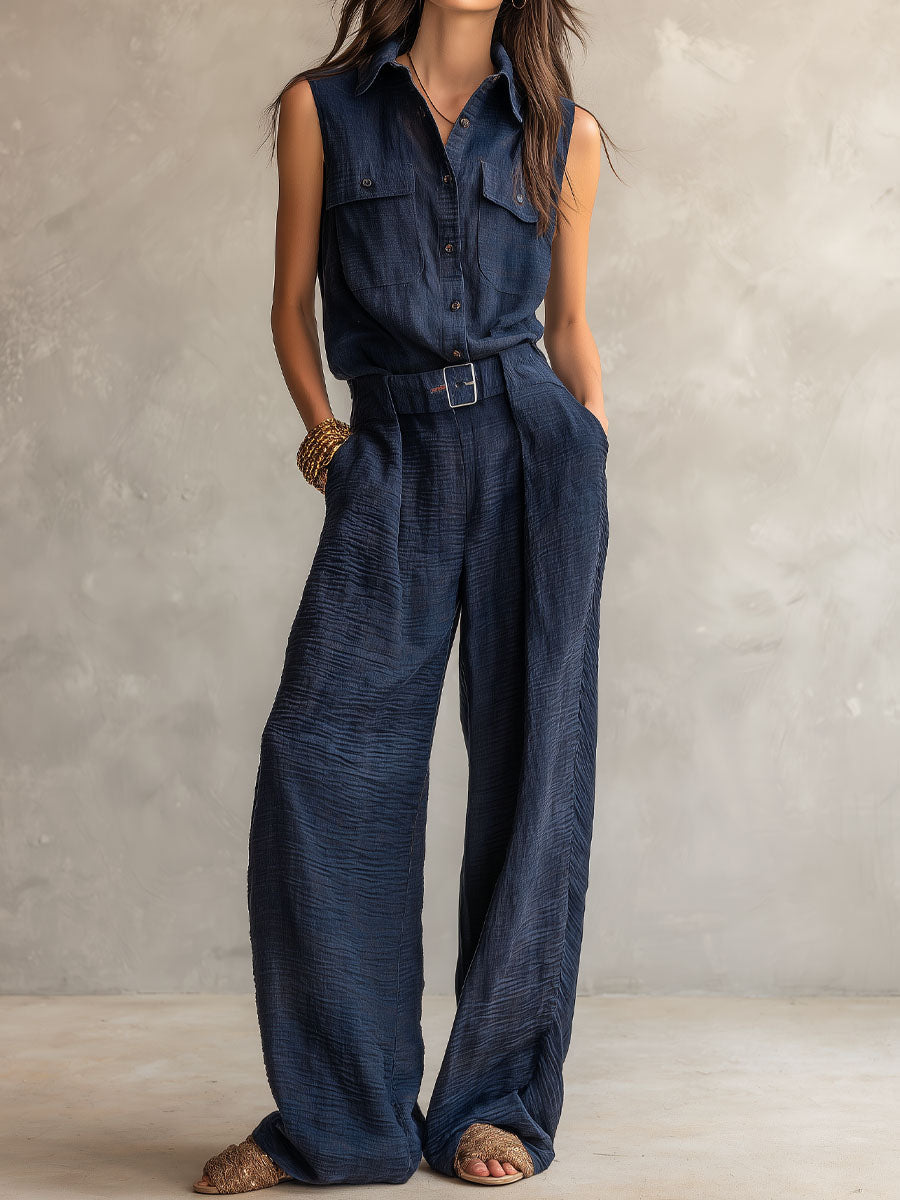 Boho Midnight Slate Texture Belted Utility Jumpsuit