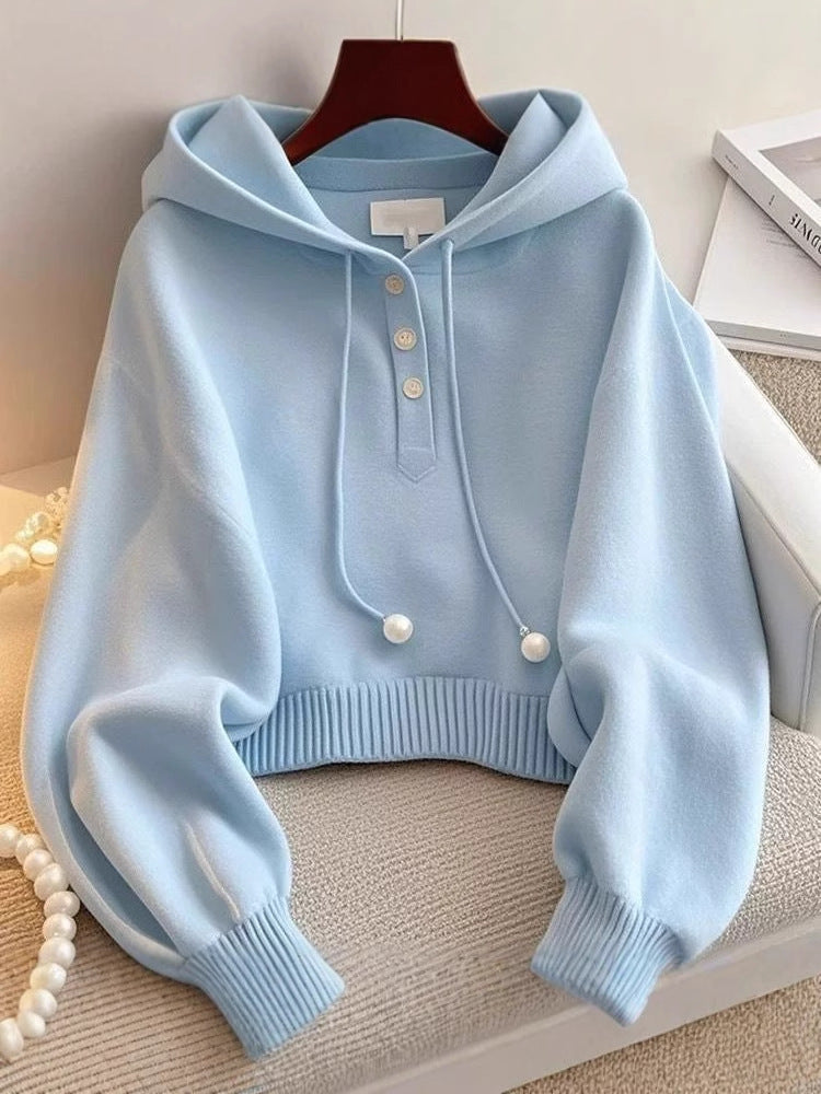 Chic Blue Hooded Sweatshirt for Women – Korean Style Drawstring Knit, Comfortable & Stylish Casual Wear