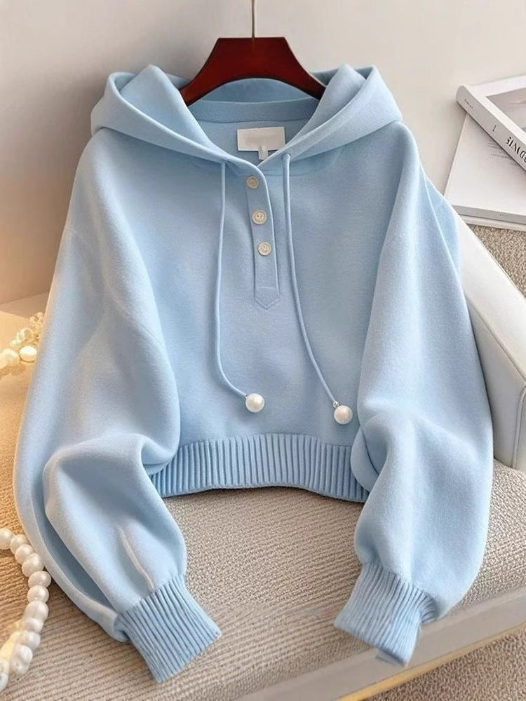 Chic Blue Hooded Sweatshirt for Women – Korean Style Drawstring Knit, Comfortable & Stylish Casual Wear