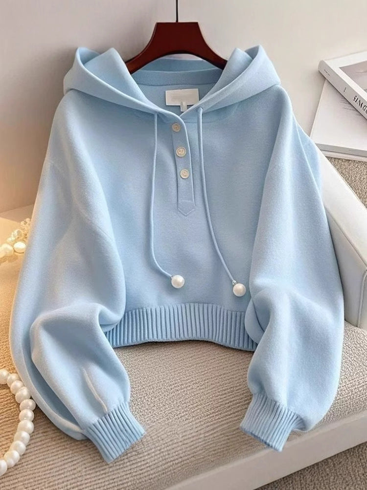 Chic Blue Hooded Sweatshirt for Women – Korean Style Drawstring Knit, Comfortable & Stylish Casual Wear