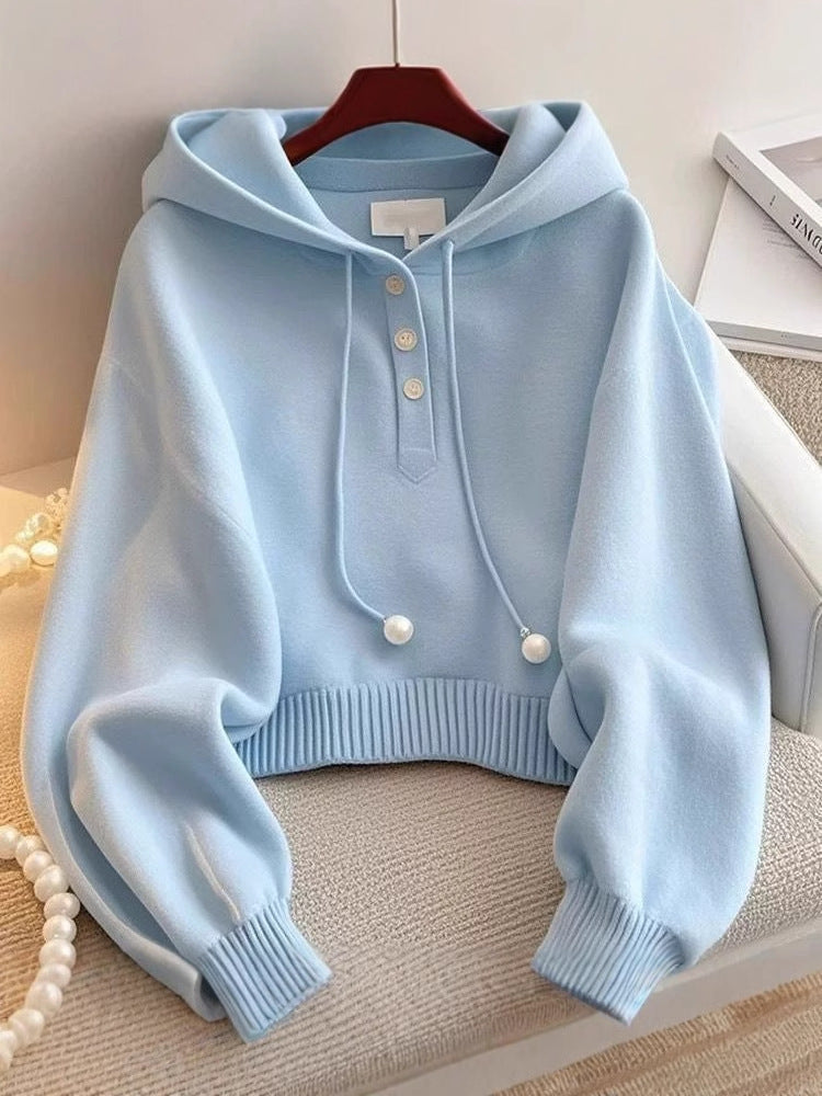 Chic Blue Hooded Sweatshirt for Women – Korean Style Drawstring Knit, Comfortable & Stylish Casual Wear