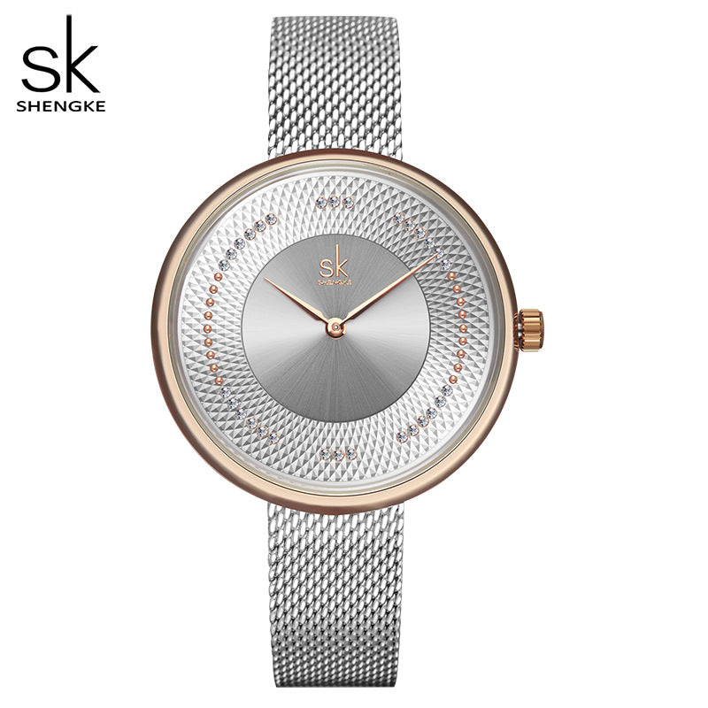 SK Women’s Quartz Watch – Milan Mesh Strap, Diamond Dial, 30M Waterproof